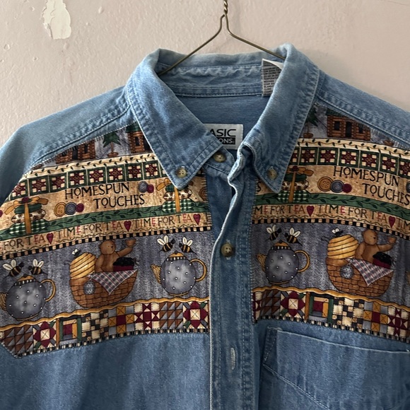 Vintage Basic Editions Blue Button Down Shirt with Pattern (Bear with Honey) - Picture 2 of 4